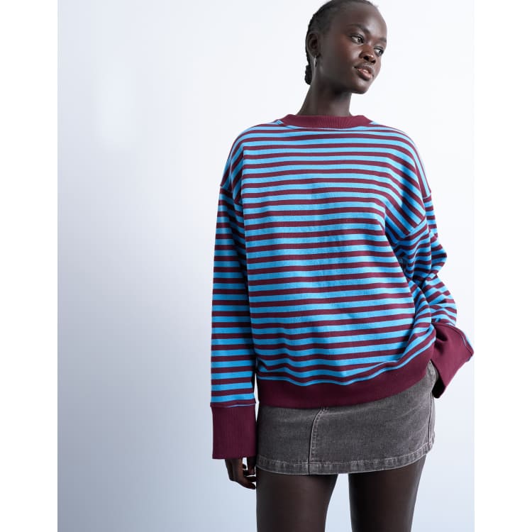 Topshop stripe oversized deep cuff sweat in blue and burgundy ASOS