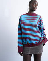 Topshop stripe oversized deep cuff sweat in blue and burgundy