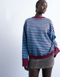 Stripe oversized deep cuff sweat in blue and burgundy