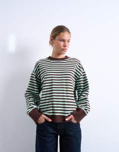 Stripe oversized deep cuff sweat in mint and chocolate