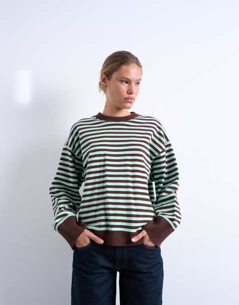 Topshop stripe oversized deep cuff sweat in mint and chocolate