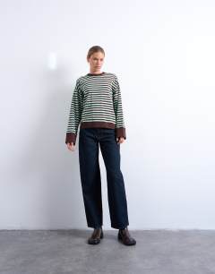 Model wearing Stripe oversized deep cuff sweat in mint and chocolate