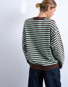 Model wearing Stripe oversized deep cuff sweat in mint and chocolate