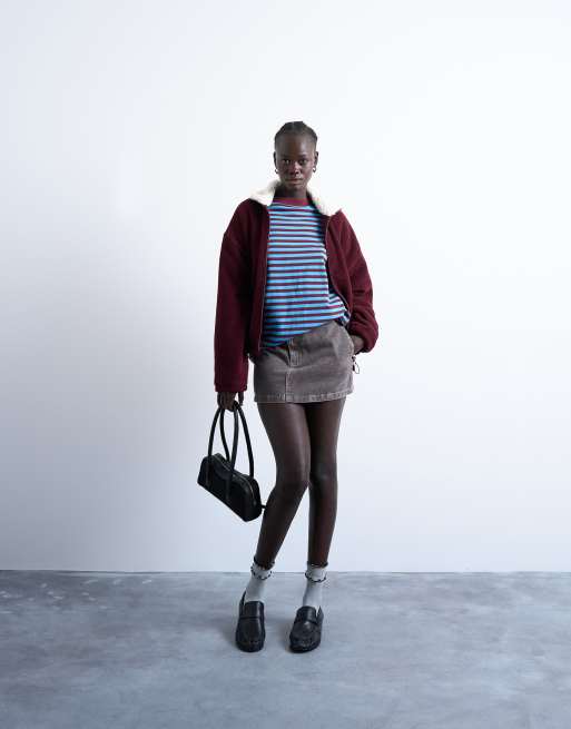 Topshop stripe oversized deep cuff sweatshirt in blue and burgundy