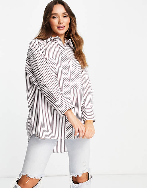 Tops Shirts & Blouses/Topshop stripe oversized poplin shirt in chocolate 