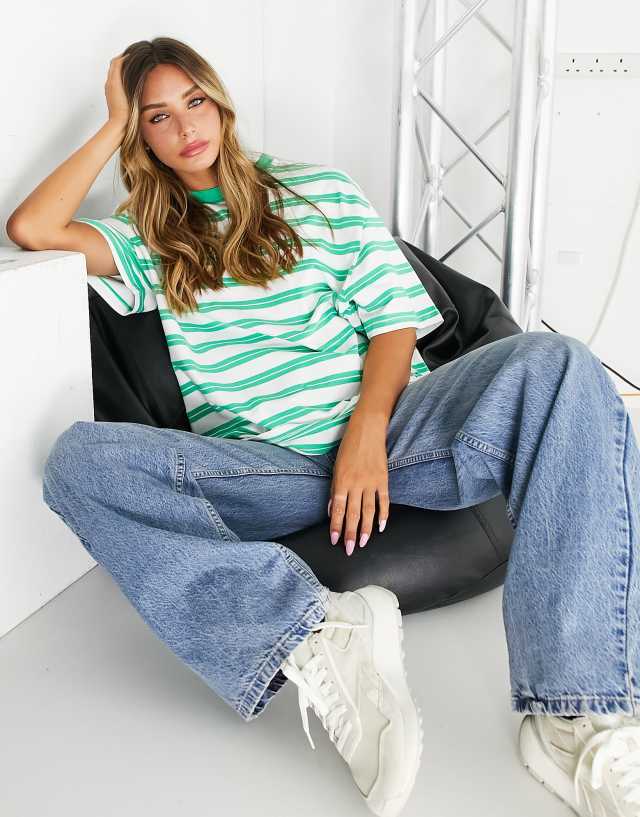 Topshop stripe oversized tee in green