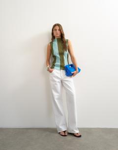 Model wearing Stripe plisse grown on neck tank in green