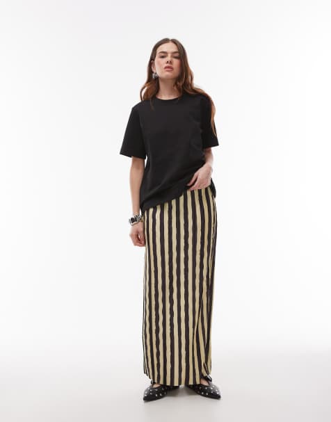 Topshop stripe plisse midaxi skirt in chocolate - view 1