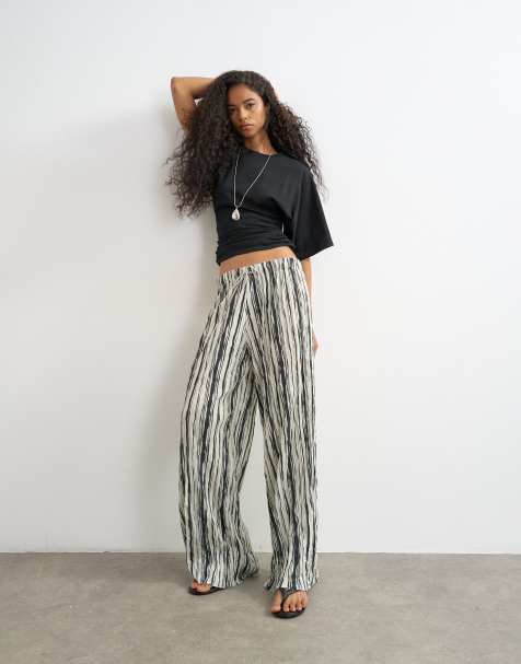 Topshop stripe plisse pants in black - view 1