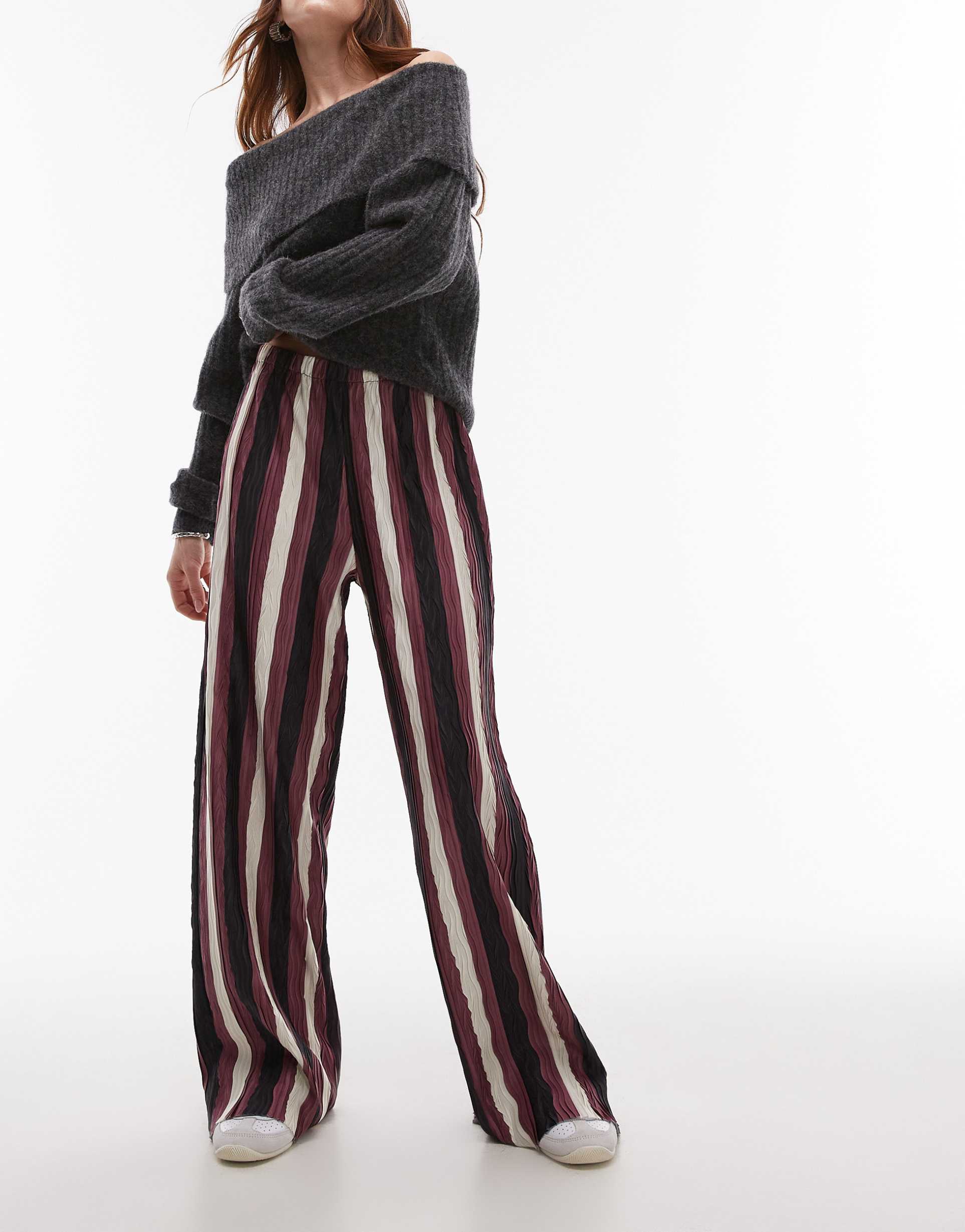 topshop stripe plisse wide leg pants in burgundy