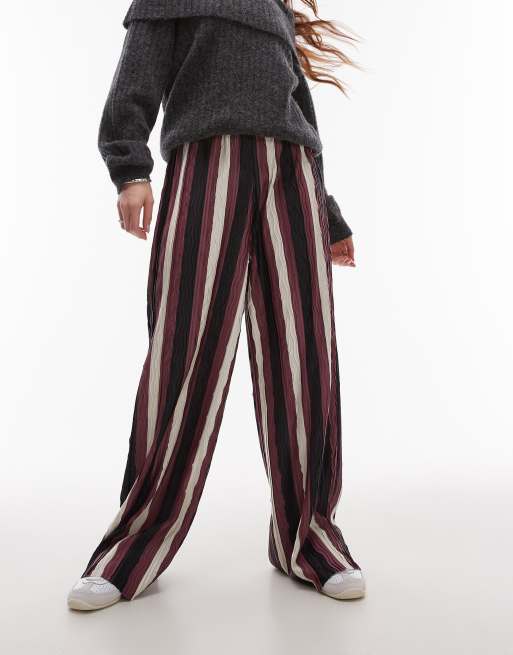 Topshop stripe plisse wide leg pants in burgundy