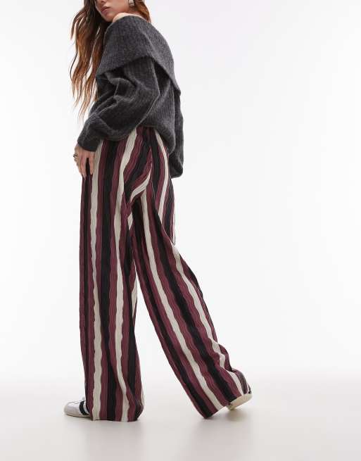 Topshop stripe plisse wide leg pants in burgundy