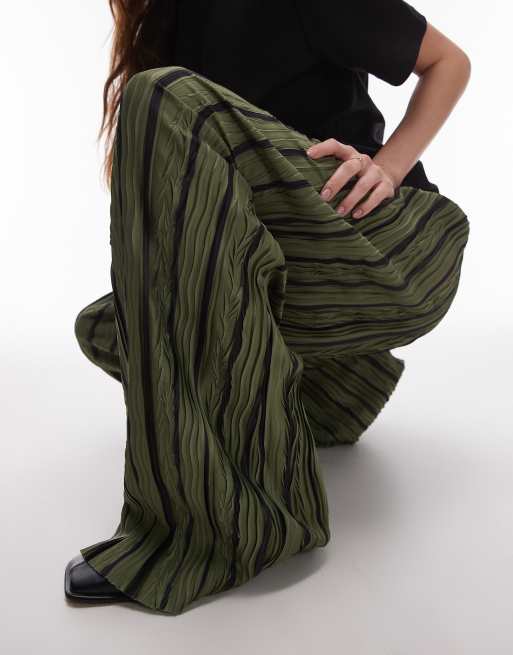 Topshop stripe plisse wide leg pants in green