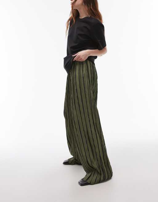 Topshop stripe plisse wide leg pants in green
