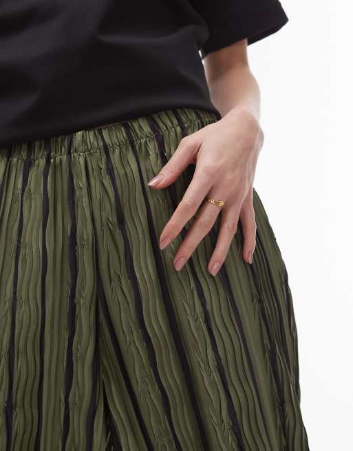 Topshop stripe plisse wide leg pants in green