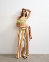 Topshop stripe plisse wrap scarf detail trousers in brown