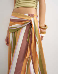 Model wearing Stripe plisse wrap scarf detail trousers in brown