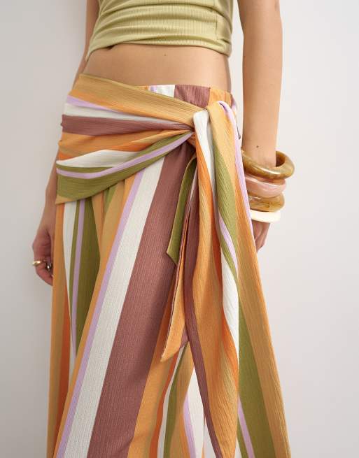 Topshop stripe plisse wrap scarf detail trousers in brown, 3 of 5