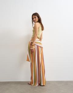 Model wearing Stripe plisse wrap scarf detail trousers in brown