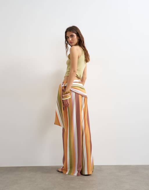 Topshop stripe plisse wrap scarf detail trousers in brown, 4 of 5