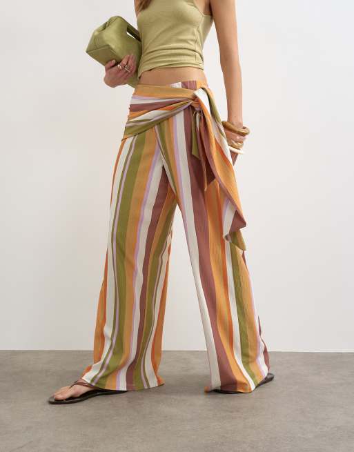 Topshop stripe plisse wrap scarf detail trousers in brown, 5 of 5