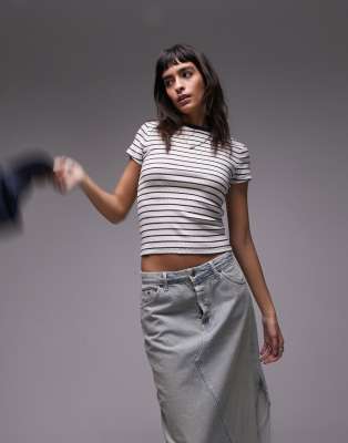 Topshop Stripe Pointelle Baby Tee In Ecru-black