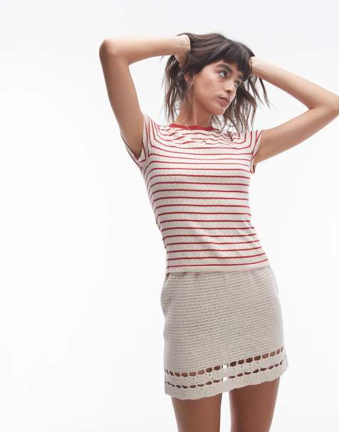 Topshop stripe pointelle baby tee in red - view 1