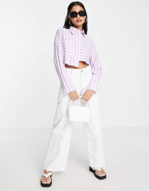 Topshop stripe poplin cropped shirt in lilac , 3 of 4
