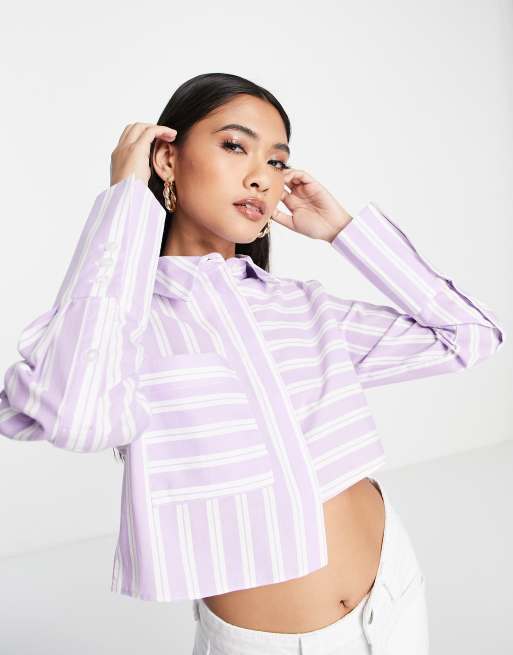 Topshop stripe poplin cropped shirt in lilac , 4 of 4