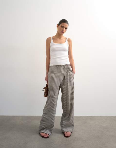 Topshop stripe poplin wrapover skirt pants in brown - view 1