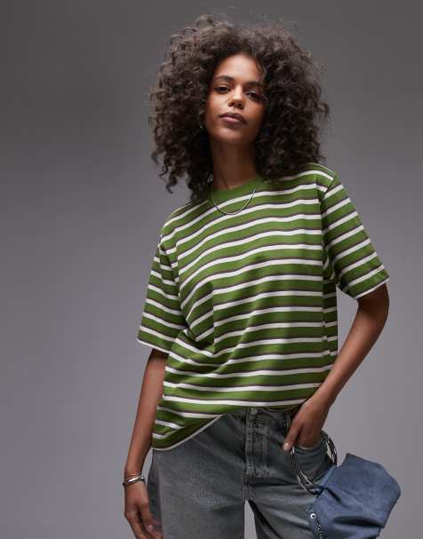 Topshop stripe premium basic short sleeve tee in green - view 1