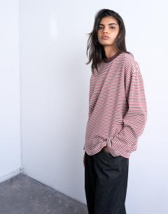 Model wearing Stripe premium interlock long sleeve skater tee in brown