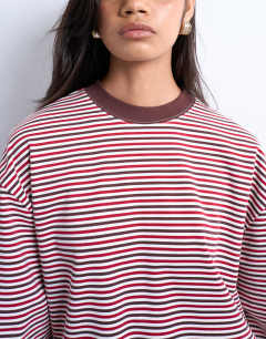Model wearing Stripe premium interlock long sleeve skater tee in brown