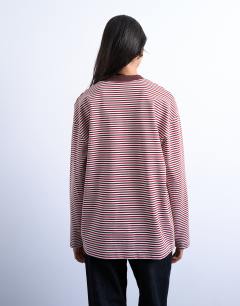 Model wearing Stripe premium interlock long sleeve skater tee in brown