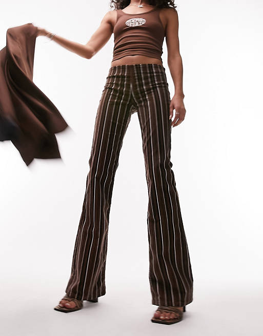 Topshop stripe print low rise cord flare pants in chocolate