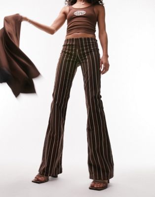 Topshop stripe print low rise cord flare trouser in chocolate