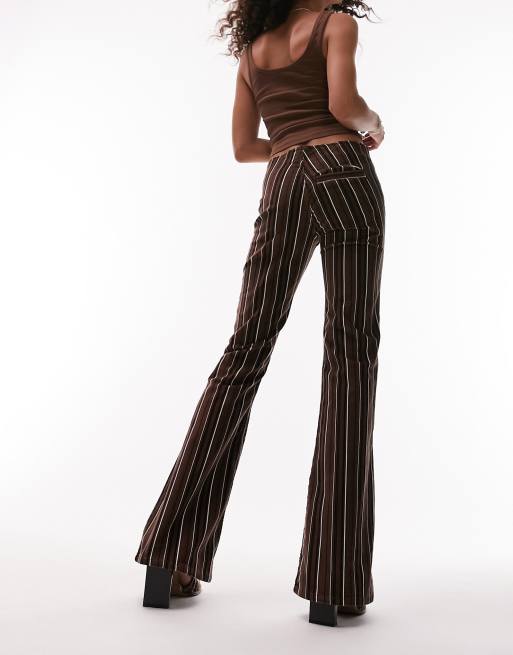 Topshop stripe print low rise cord flare trouser in chocolate