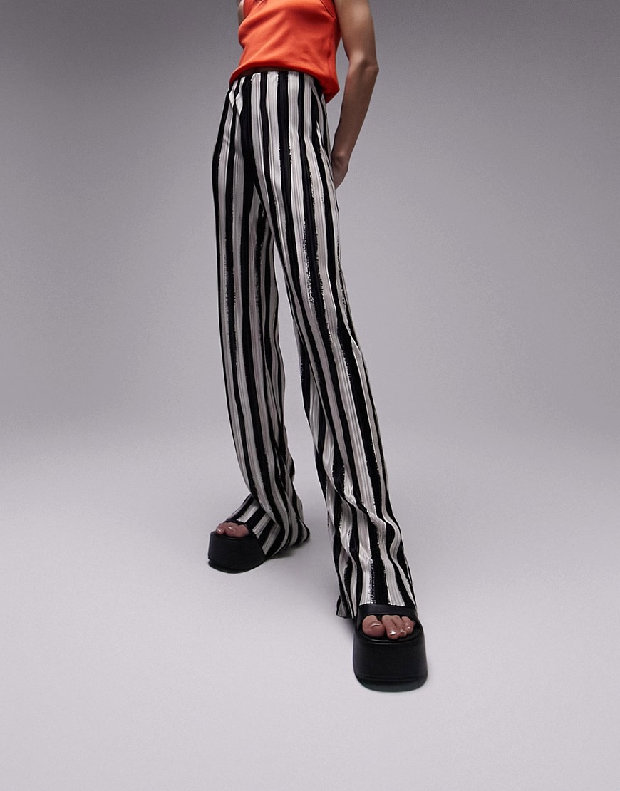 Topshop stripe printed plisse wide leg trouser in monochrome-Multi