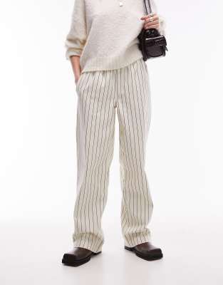 Topshop Stripe Pull On Straight Leg Pants In Ecru-white In White