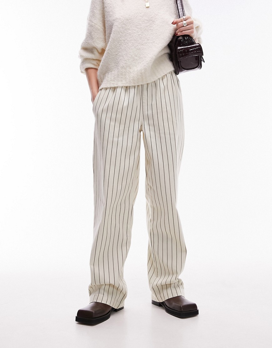 stripe pull on straight leg pants in ecru-White