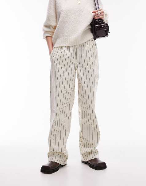 Topshop stripe pull on straight leg trouser in ecru - view 1