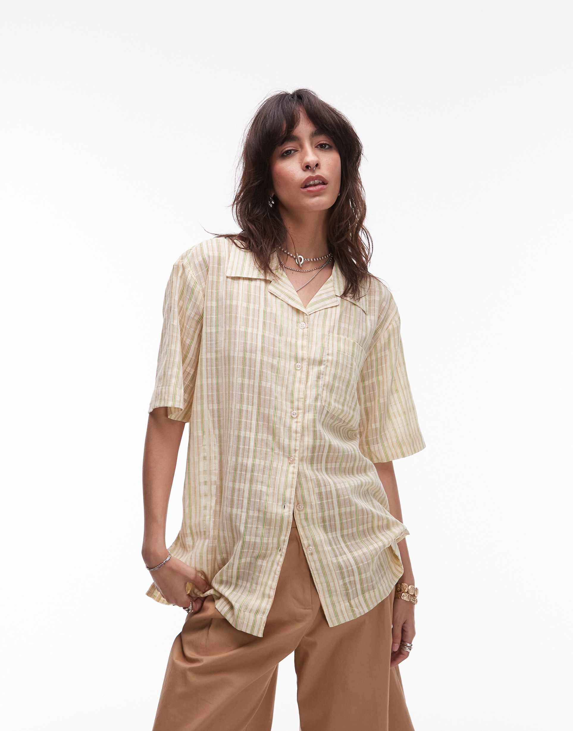 topshop stripe resort shirt in yellow and green stripe