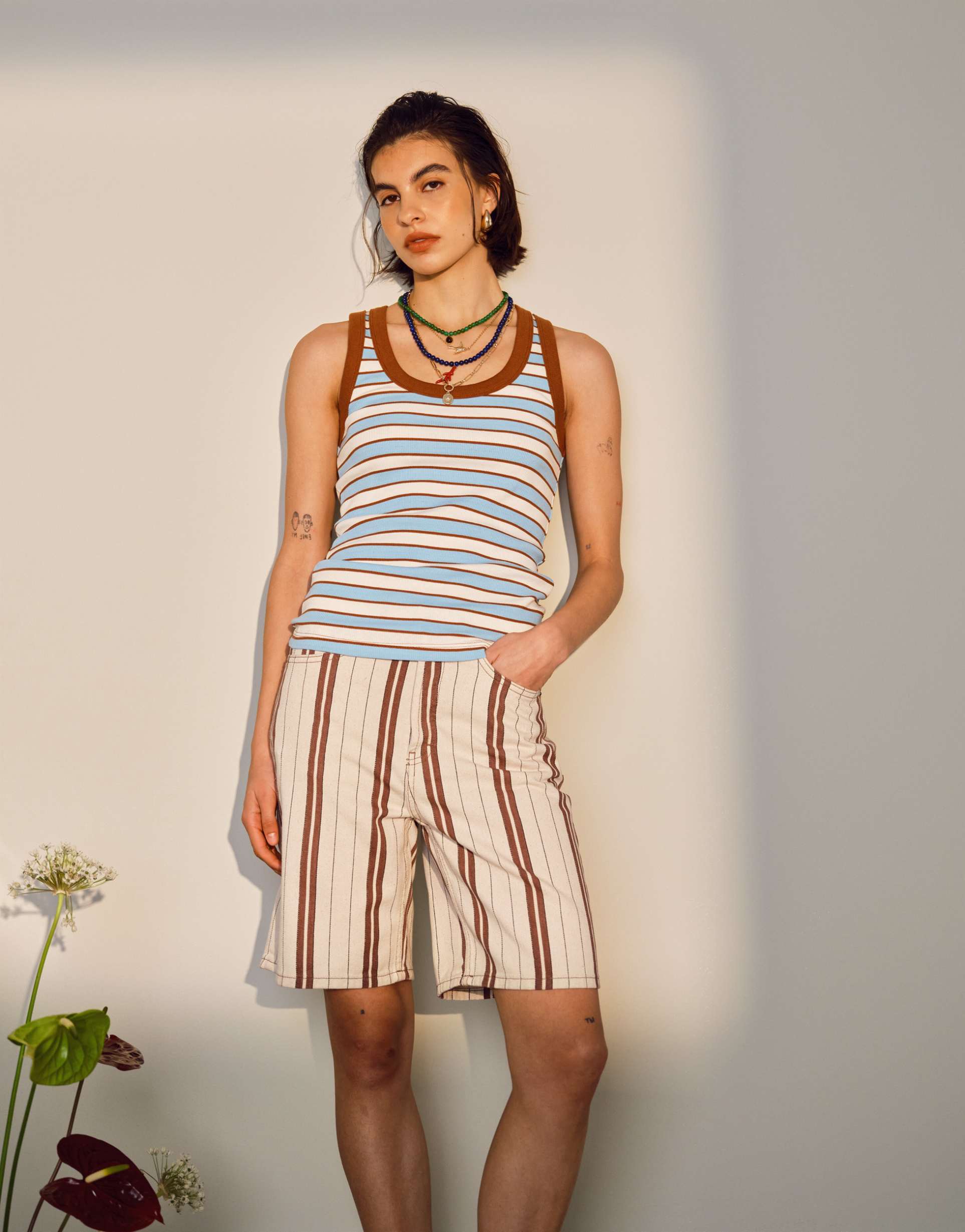 topshop stripe rib scoop neck tank top in blue