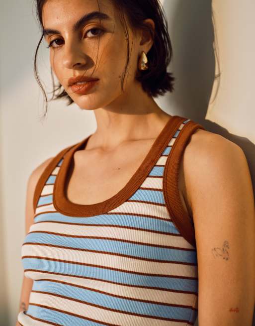 Topshop stripe rib scoop neck tank top in blue