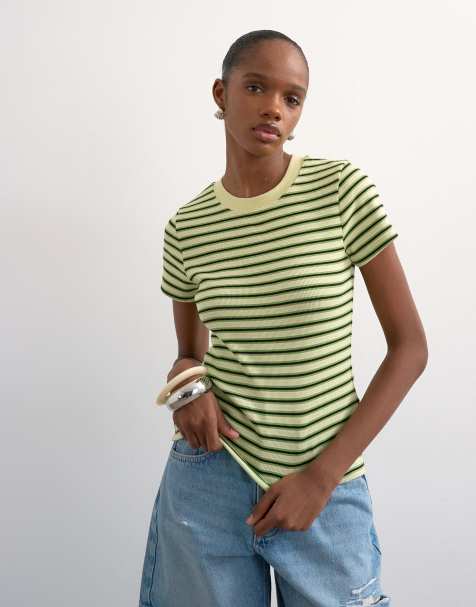 Topshop stripe rib short sleeve tee in green - view 1