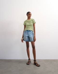 Model wearing Stripe rib short sleeve tee in green