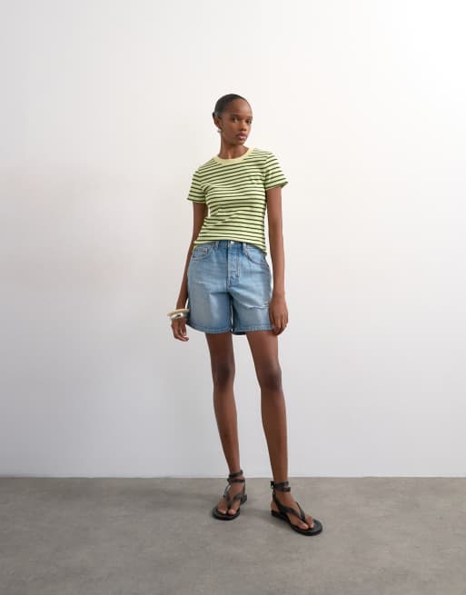 Topshop stripe rib short sleeve tee in green, 3 of 4