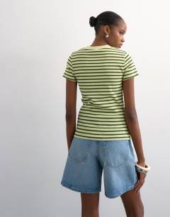 Model wearing Stripe rib short sleeve tee in green