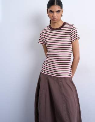 Topshop Women's Pink Stripe Rib Short Sleeve Tee In And Brown