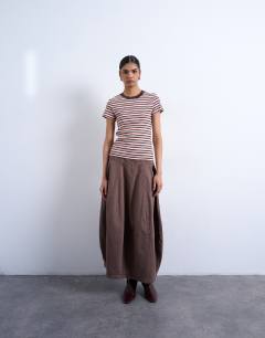 Model wearing Stripe rib short sleeve tee in pink and brown
